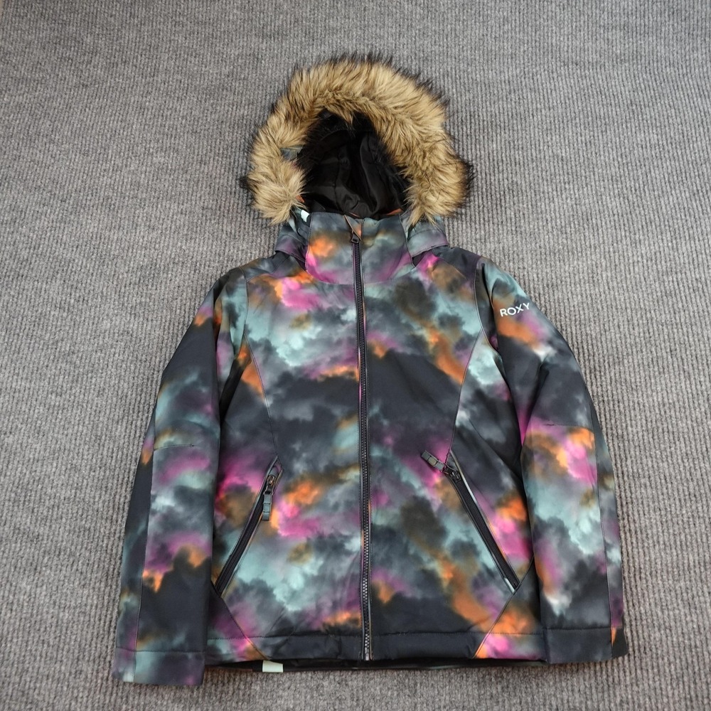 Roxy DryFlight Ski Jacket Girls 10 Multicolor Tie Dye Hooded Faux Fur Snow